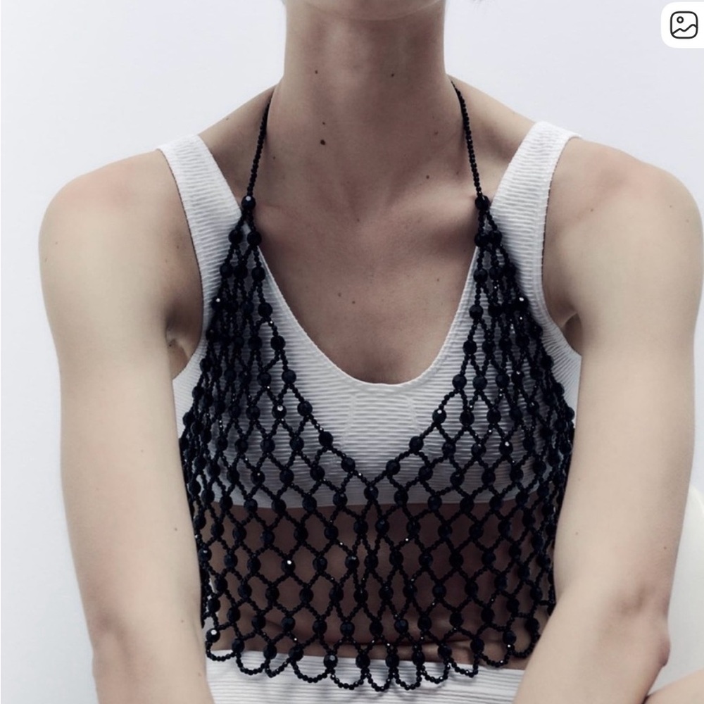 Zara Black Beaded Mesh Halter Crop Top NWT Festival Layering - Picture 3 of 3